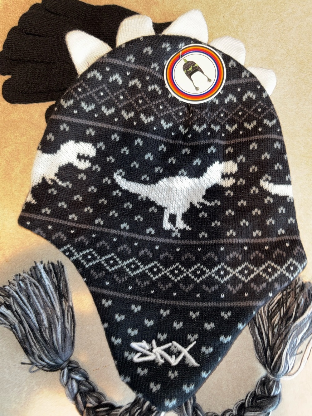 Skechers Black & White Dinosaur Earflap Beanie with Tassels with Mittens